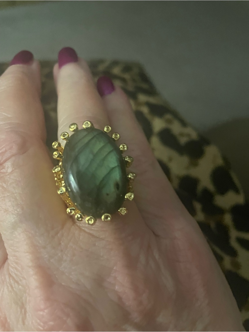 Gold-Frame Labradorite Statement Ring - Green Flash adjustable